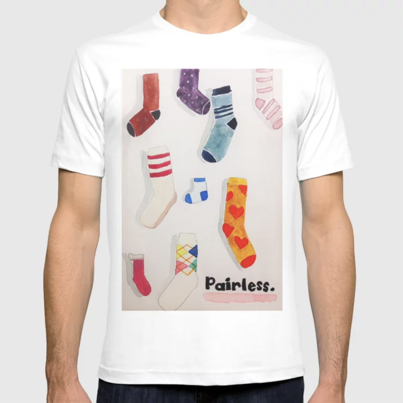 tshirt with multiple single socks on it