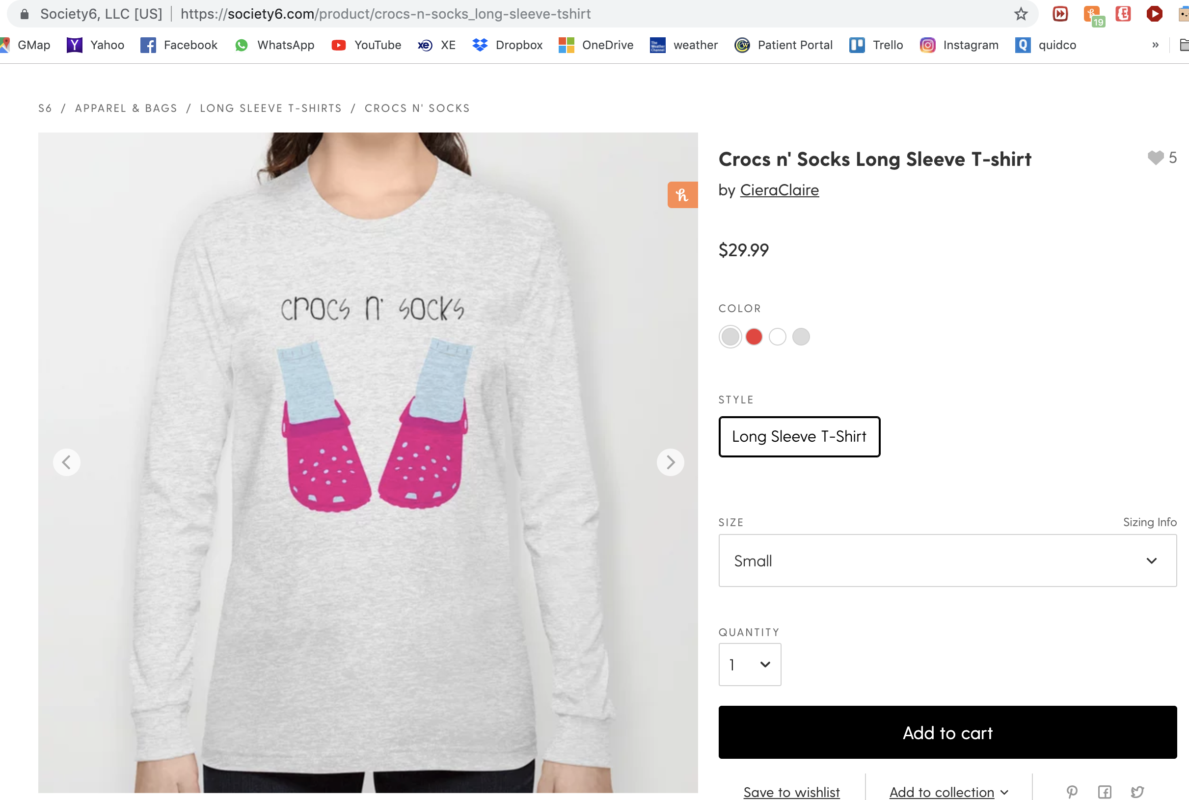 society6 screenshot of tshirt with sock on it for sale